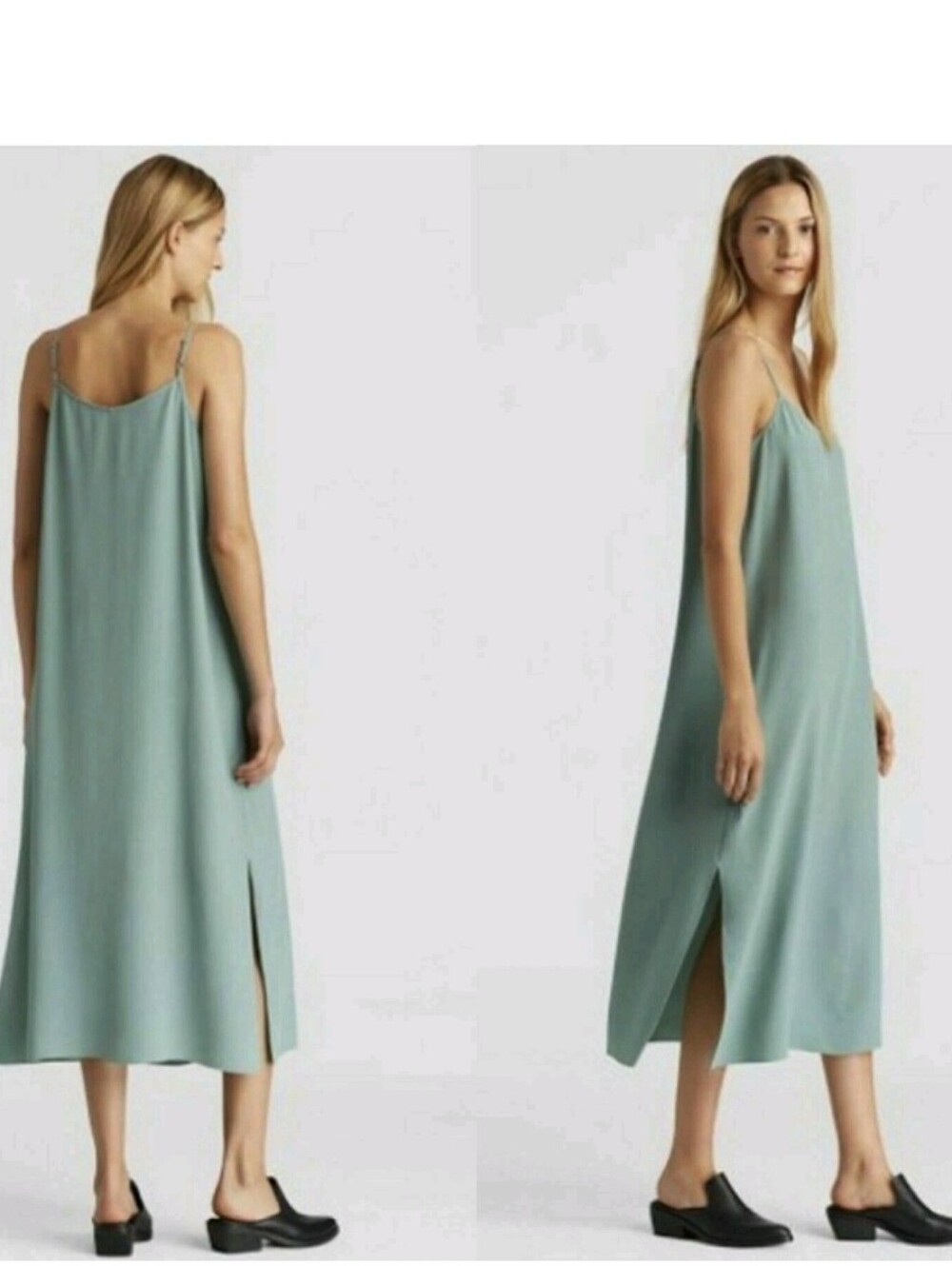 Eileen Fisher Elm Viscose Cami Midi Slip Dress Sage Green Large Side Slits